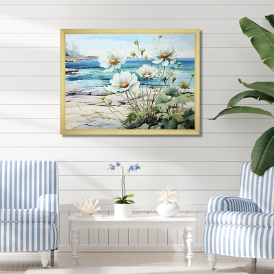 Fleur dans une vue océanique calme sur la plage I - art mural minimaliste côtier