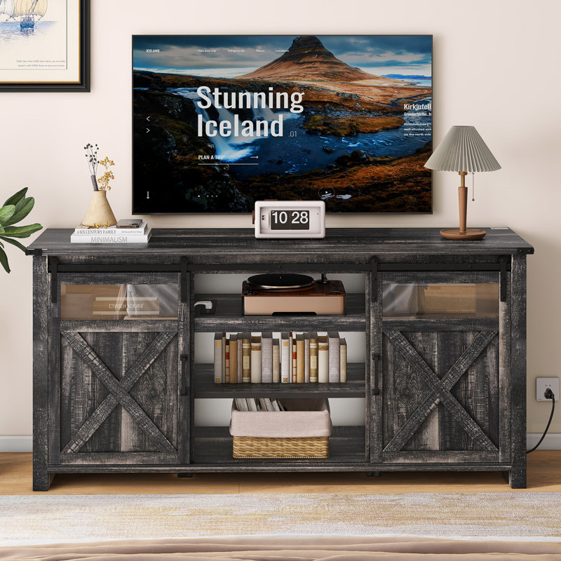 Doty Farmhouse TV Stand with Power Outlet Glass Doors, Dark Oak