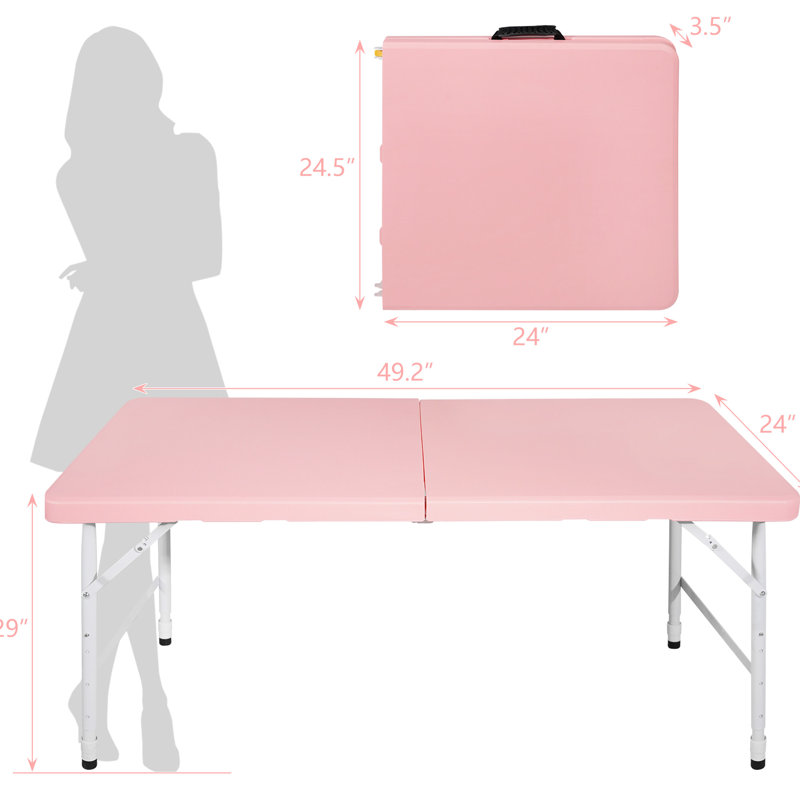 Table pliante rose Idéal pour les pique-niques et le camping en plein air. Poids maximal de 135 kg. Pliable avec prise fixe et facile à transporter. Plateau de table lisse et imperméable. Base triangulaire augmentée