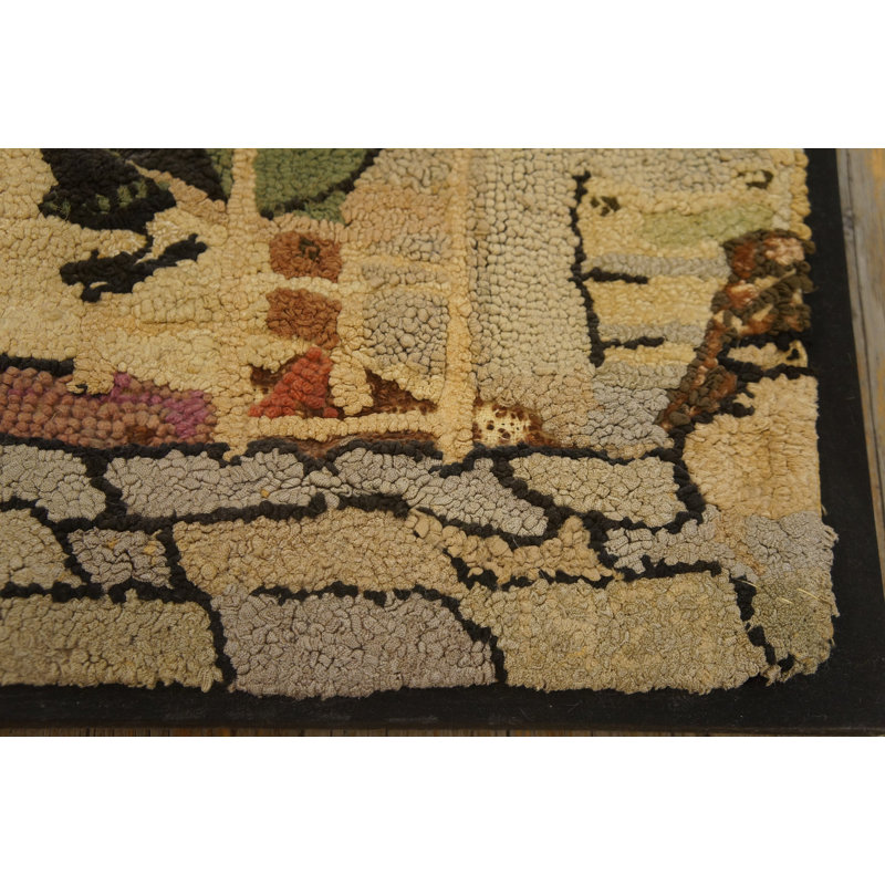 Small Scatter Size American Wool Ivory Antique Hooked 1920s Rug