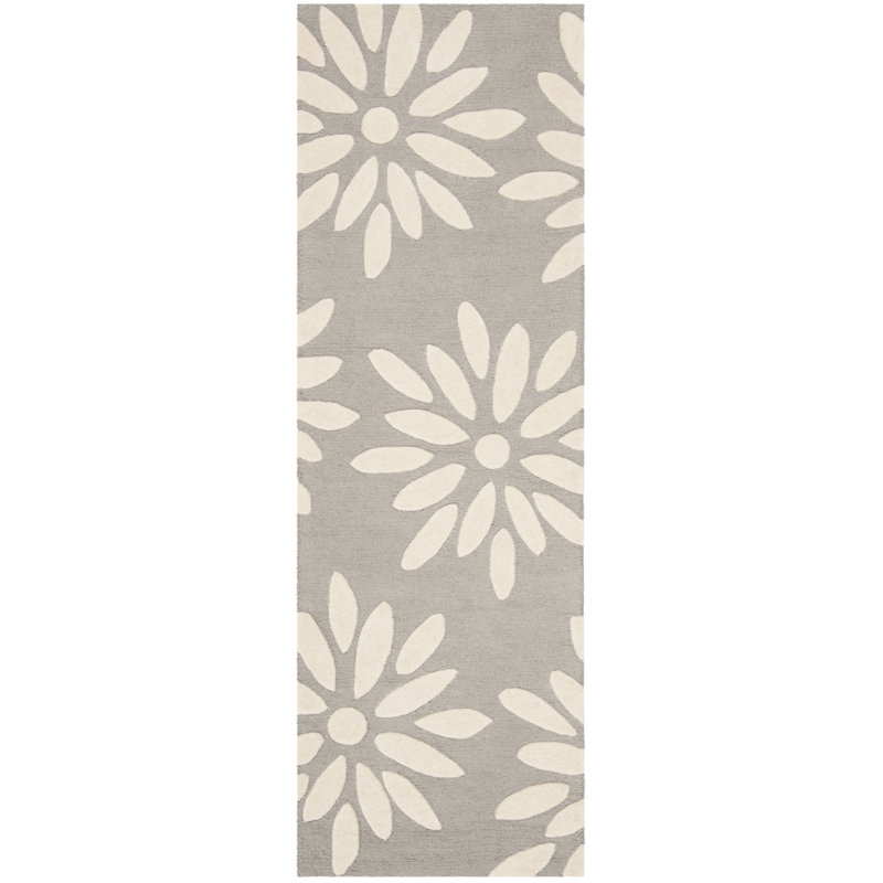 Tapis floral gris / ivoire en laine touffetée à la main Claro, Tapis de couloir 2 pi 6 po x 8 pi