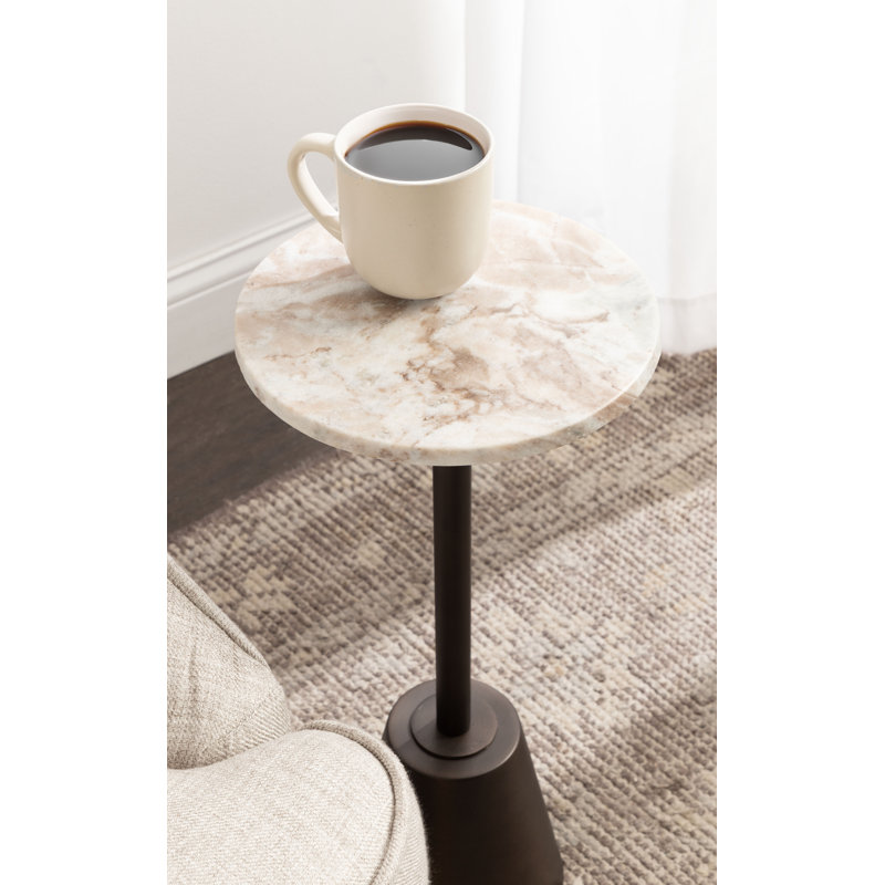 Round Marble and Metal Drink Table, Gold, White, 22" H x 10" W x 10" D