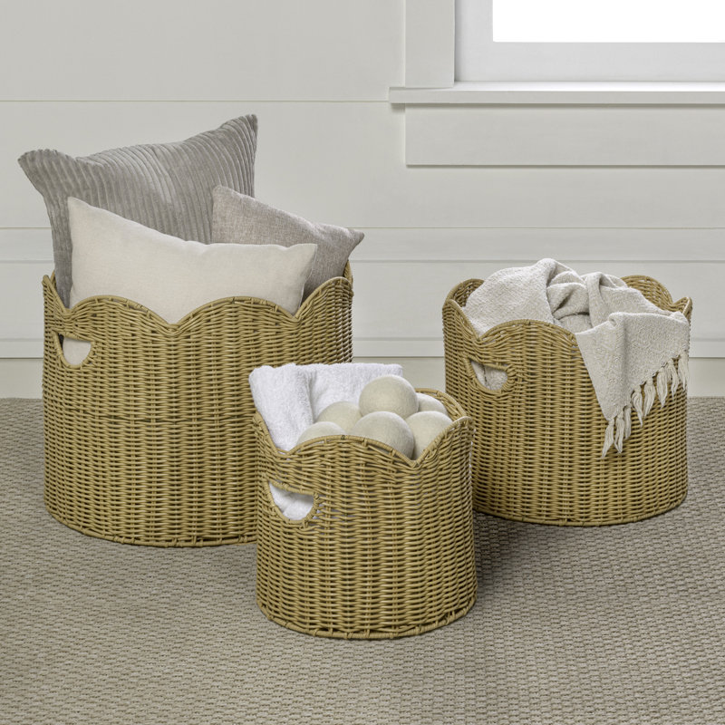 Maris Contemporary Cottage Resin/Metal Scalloped Edge Nesting Storage Baskets with Handles (Set of 3), Natural