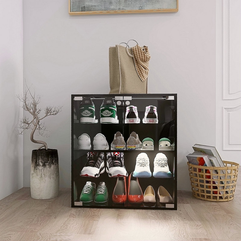 Armoire à chaussures noire 4 couches avec porte en verre et vitrine à chaussures en verre avec contrôle Bluetooth