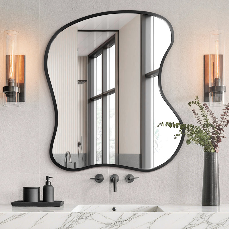 Asymmetrical Wall Mirror with Aluminum Alloy Frame – Modern Decorative Vanity Mirror, 30" x 36", Black