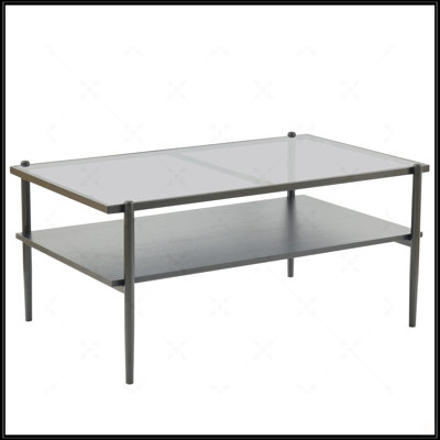 Rectangle Coffee Table With Gray Tempered Glass Top And Black Legs