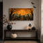 Tableau sur toile représentant un cimetière au clair de lune orange avec des corbeaux et des citrouilles, idéal pour l’Halloween.-252965388