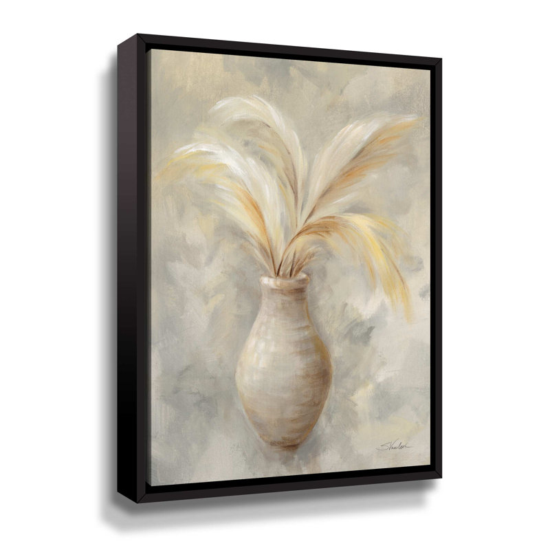 Vase d'herbes I - peinture sur toile, Cadre flottant noir, H 10 po x l 8 po x P 2 po
