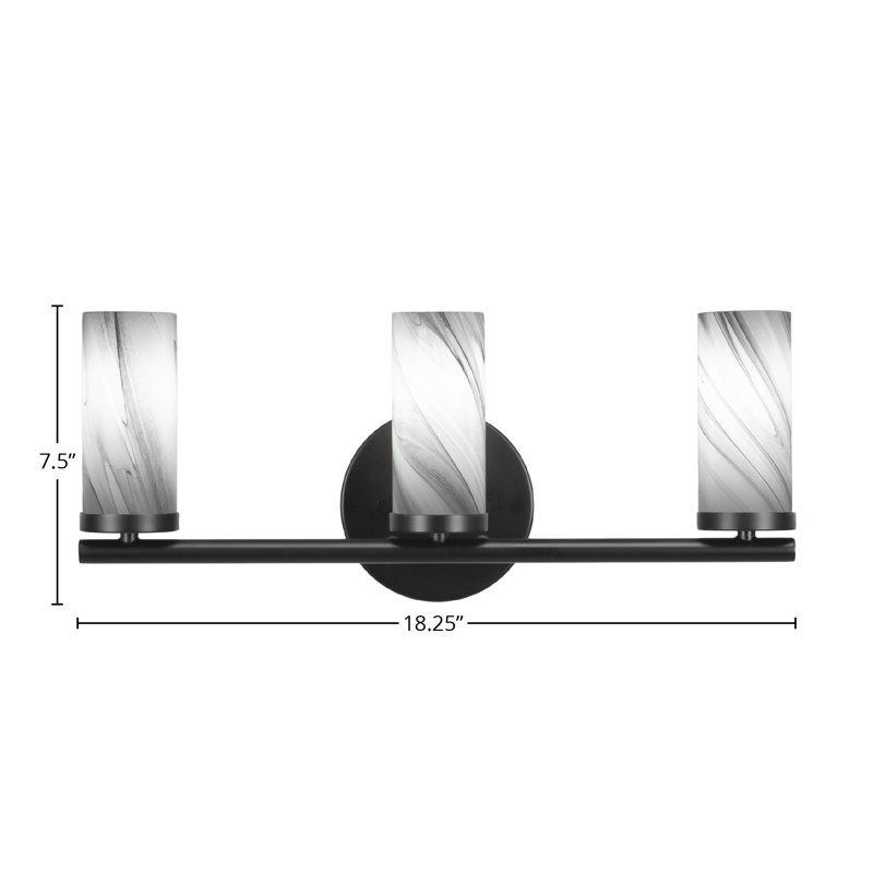 Arefa 3 Light Bath Bar Shown With 2.5” Onyx Swirl Glass, Noir mat