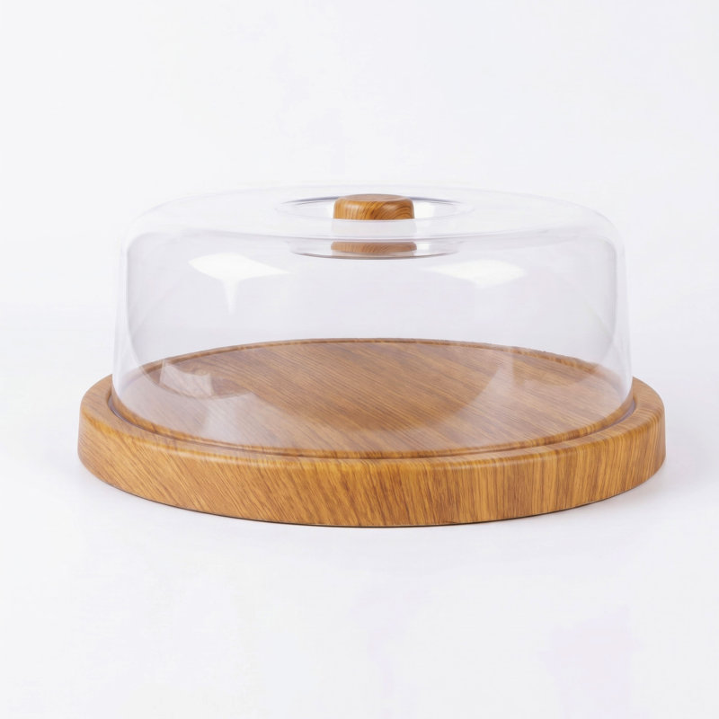  Plateau de service à gâteaux avec couvercle en forme de dôme transparent couleur bois - assiette à gâteaux 12 x 12 x 4 pouces | Présentoir à dessert | Porte-gâteaux de fête