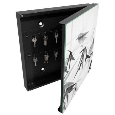 Decorative key box for wall, Opens to the left, 30x30x5, White, Graphic bamboo and bird motif, 