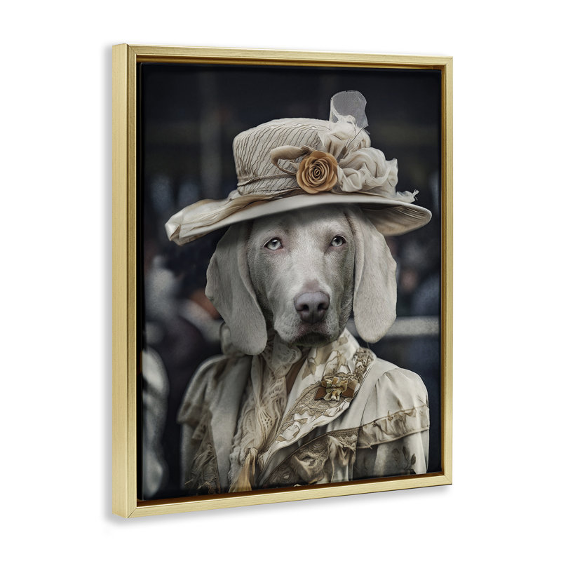 «Dog with Floral Hat» par Karen Burke, Cadre flottant métallique doré, H 31 po x l 25 po x P 1,7 po