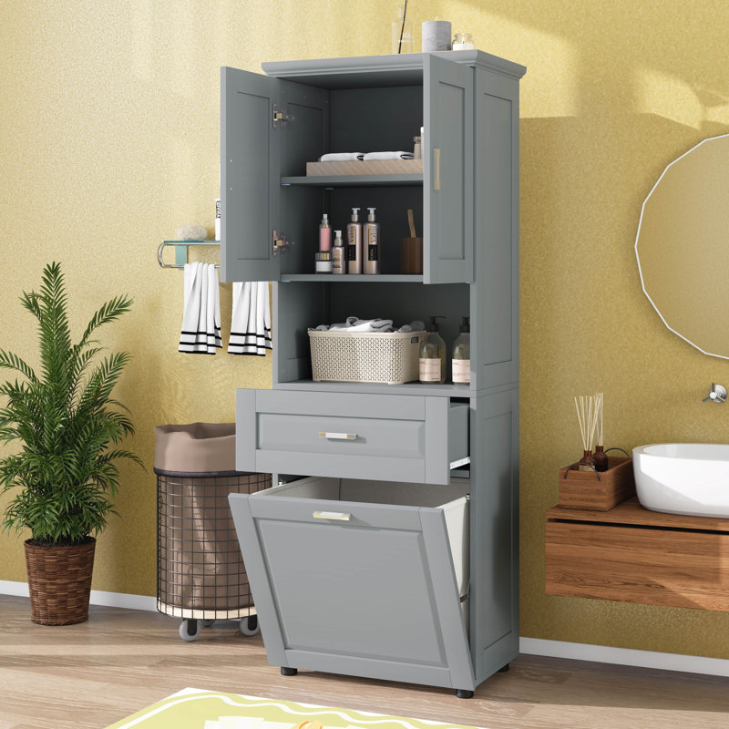 Grande armoire de salle de bain avec panier à linge inclinable et rangement supérieur, armoire de rangement avec deux portes, tablette réglable et tiroir