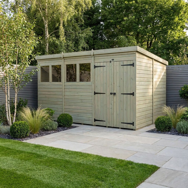 Total Sheds 12ft x 9ft Pent Garden Shed - Double Door - With Windows - Pressure Treated Timber - UK Manufactured