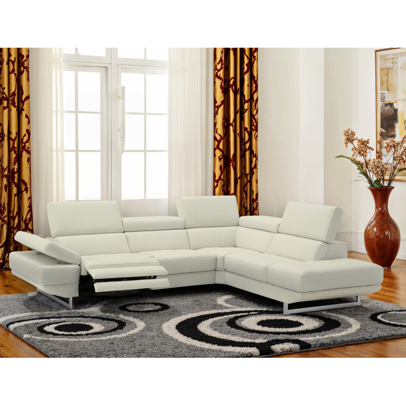 Cartagena Faux Leather L-Shaped Sectional, Snow White Genuine Leather, Right Hand Facing
