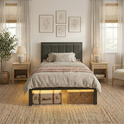 Jabril Bed Frame with Upholstered Headboard, Metal Platform Bed Frame with Power Outlets and LED Lights
