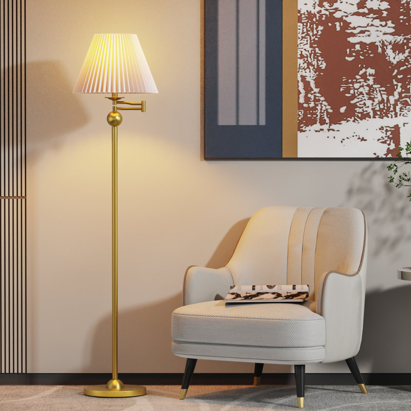 64.25" Brass Modern Swing Arm Floor Lamp Metal Body Foot Switch Linen Drum Shade Tall Standing Corner Lamp for Living Room Bedroom Reading