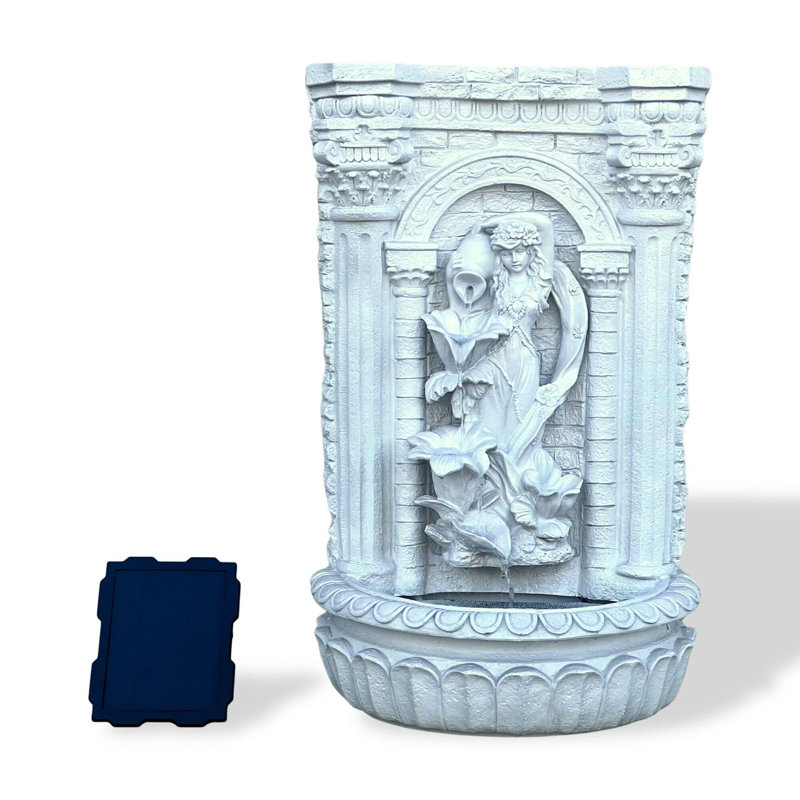  30.3" Solar-Powered Outdoor Wall Fountain with Flower Maiden Statue, Antique Stone Waterfall Design for Garden, Yard Décor & Bird Bath, Polyresin