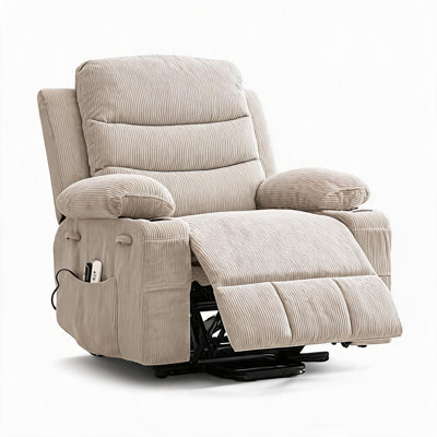 Canapé inclinable électrique avec fonction massage et chauffage, canapé pivotant manuel avec revêtement en velours côtelé fin, fauteuil de massage chauffant électrique beige pour salon
