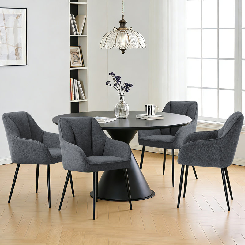 Scandinavian Soft Textured Armchair Upholstered with Thickened Cushion Dining Chair, Heathered Charcoal, 4