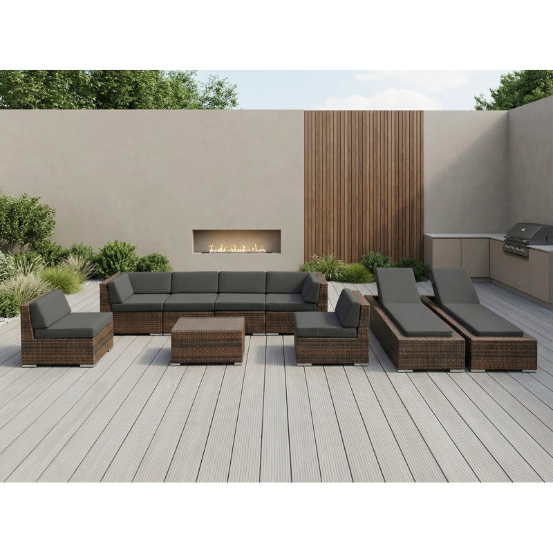 Ensemble de conversation modulaire en rotin avec coussins 9 pièces Barna - aucun assemblage requis, Mélange de bruns