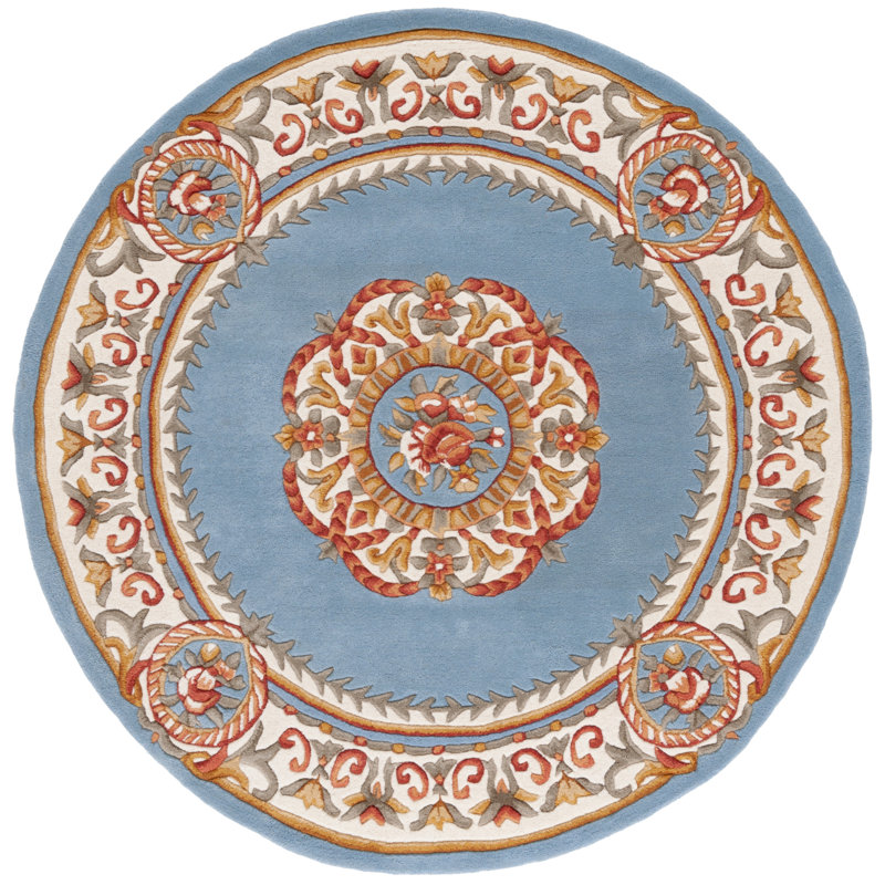 Addiline Hand Tufted Wool Cotton Floral Rug in Ivory/Light Blue, Round 6'