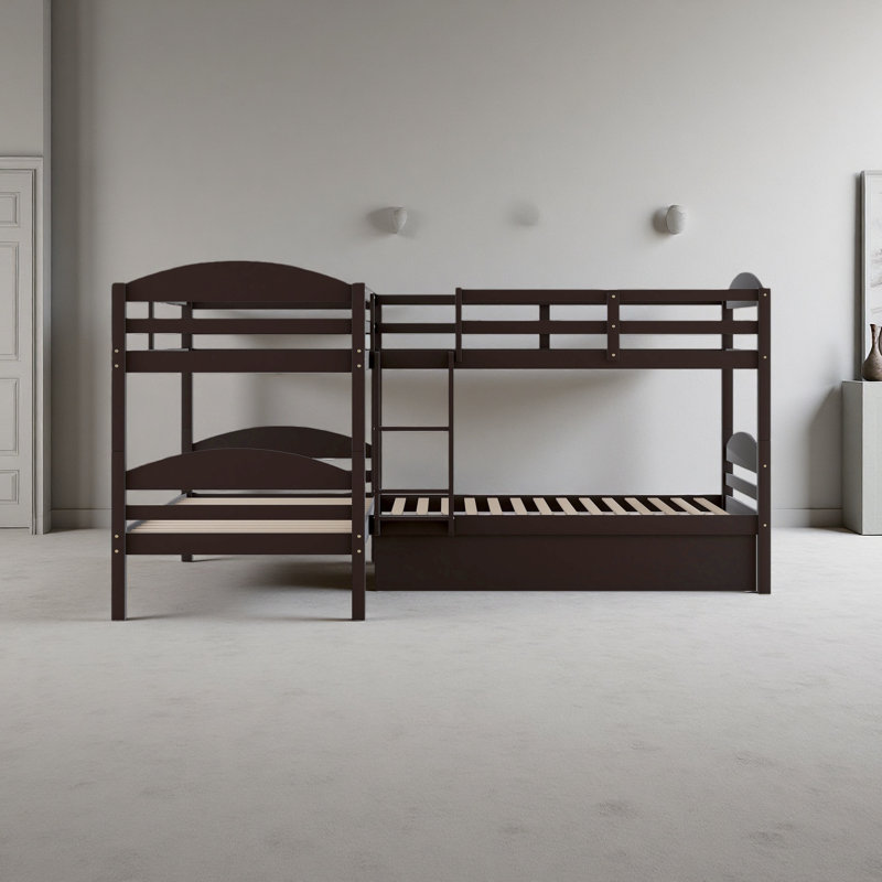 Twin L-Shaped Bunk Bed With Trundle, Espresso