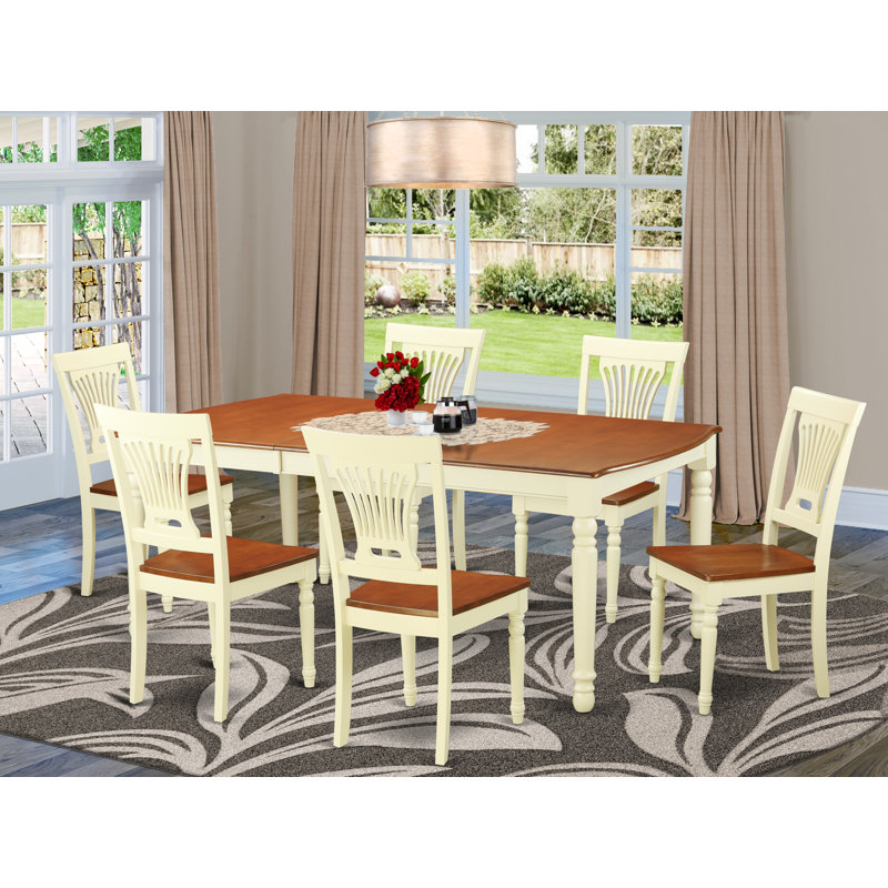 7 Piece Dining Table Set consists of a Rectangle Dining Room Table with Butterfly Leaf and 6 Wood Seat Chairs, 42x78 Inch, Buttermilk & Cherry