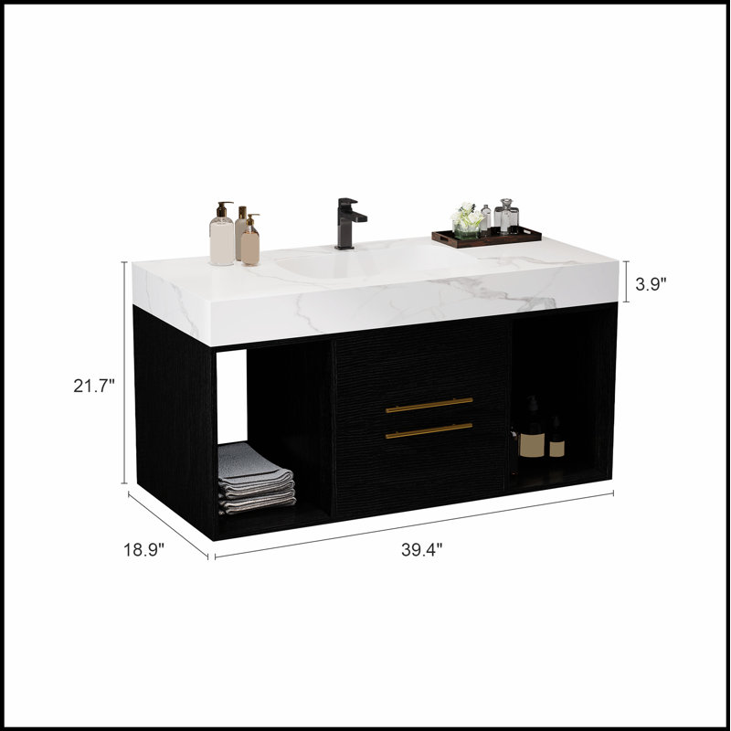 Meuble-lavabo de salle de bain avec lavabo en céramique, conception flottante, armoire de rangement murale avec tiroirs et espaces, style moderne avec poignées en métal