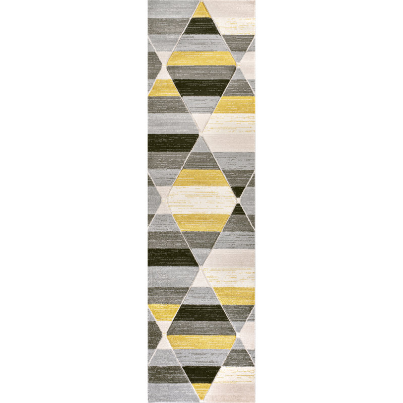 Tapis à motif géométrique jaune / gris / crème Fayma, Tapis de couloir 2 pi 2 po x 7 pi 10 po