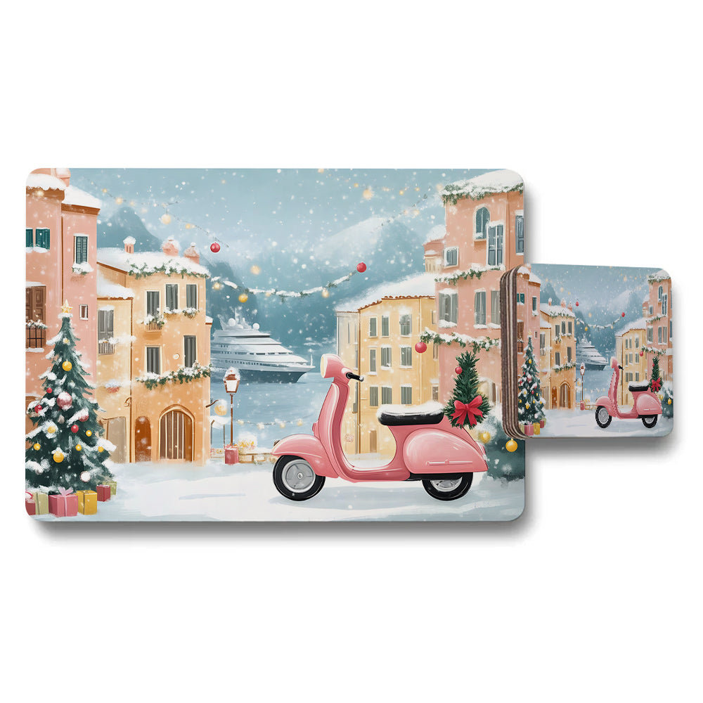 Winter Village Christmas Placemat And Coaster Set With Pink Scooter Decor