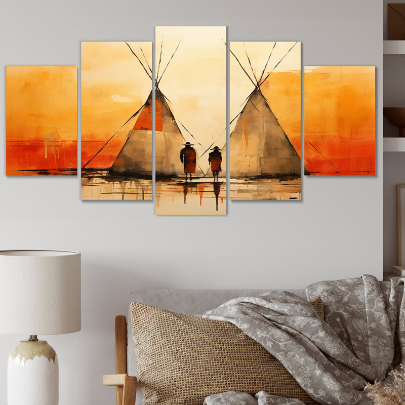  «Native Tipi Rhythms Collage II - Impression sur toile d'art amérindien - 5 panneaux