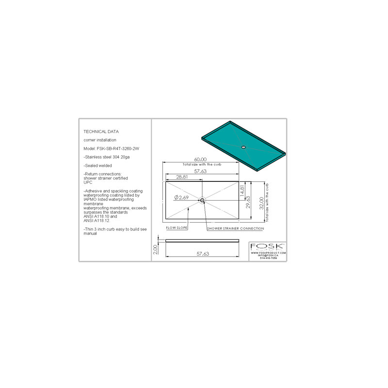 Base de douche l 60 po x p 32 po