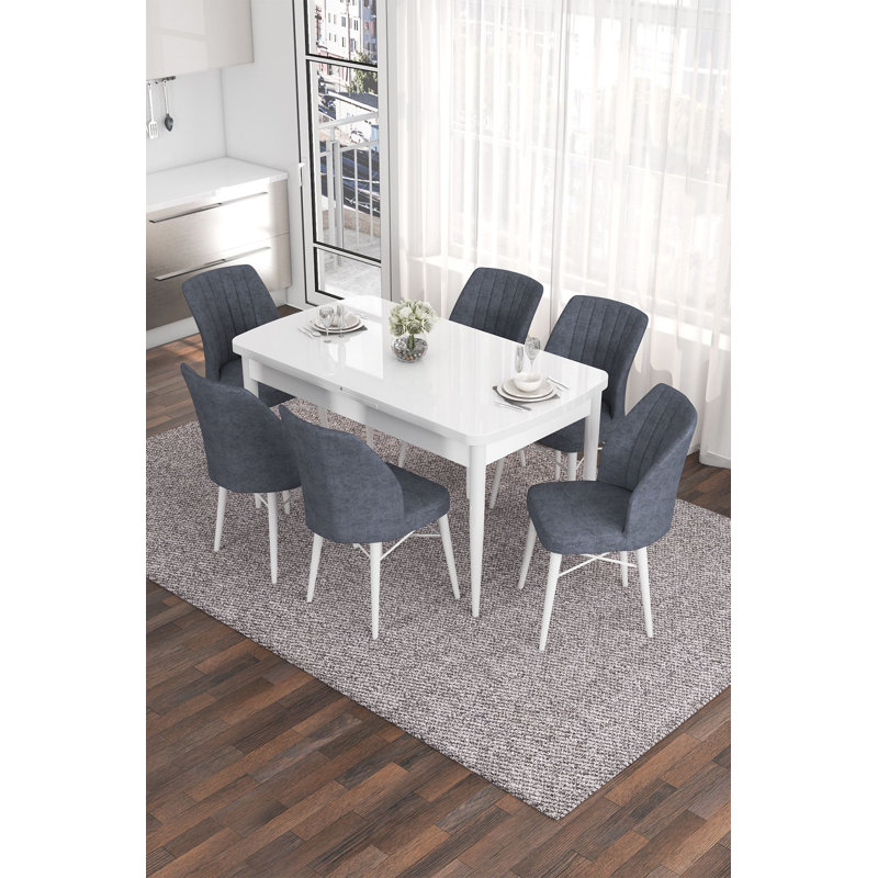 Ensemble de table et chaises de salle à manger moderne extensible (7 pièces), finition blanche et fumée, 52,0 po x 30,7 po x 31,5 po (extension: 67,0 po x 30,7 po x 31,5 po) | 100% panneau de fibres à densité moyenne avec pieds en bois et structure de chaise en métal, tissu Jerry confortable, parfait pour les réunions de famille