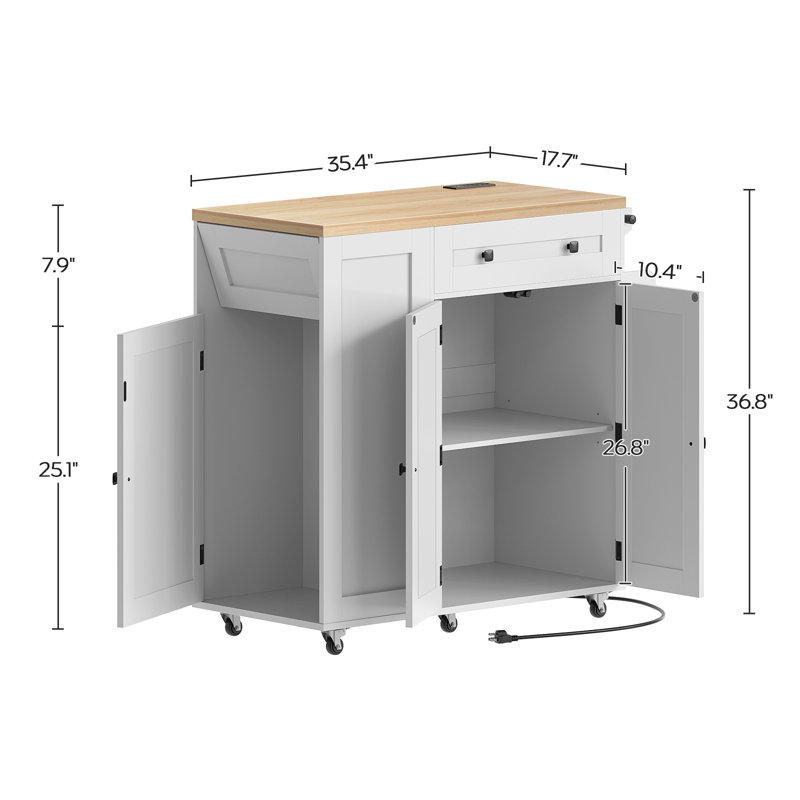 35.4" Mobile Rolling Kitchen Island with Trash Can Storage and Charging Station, White/Natural