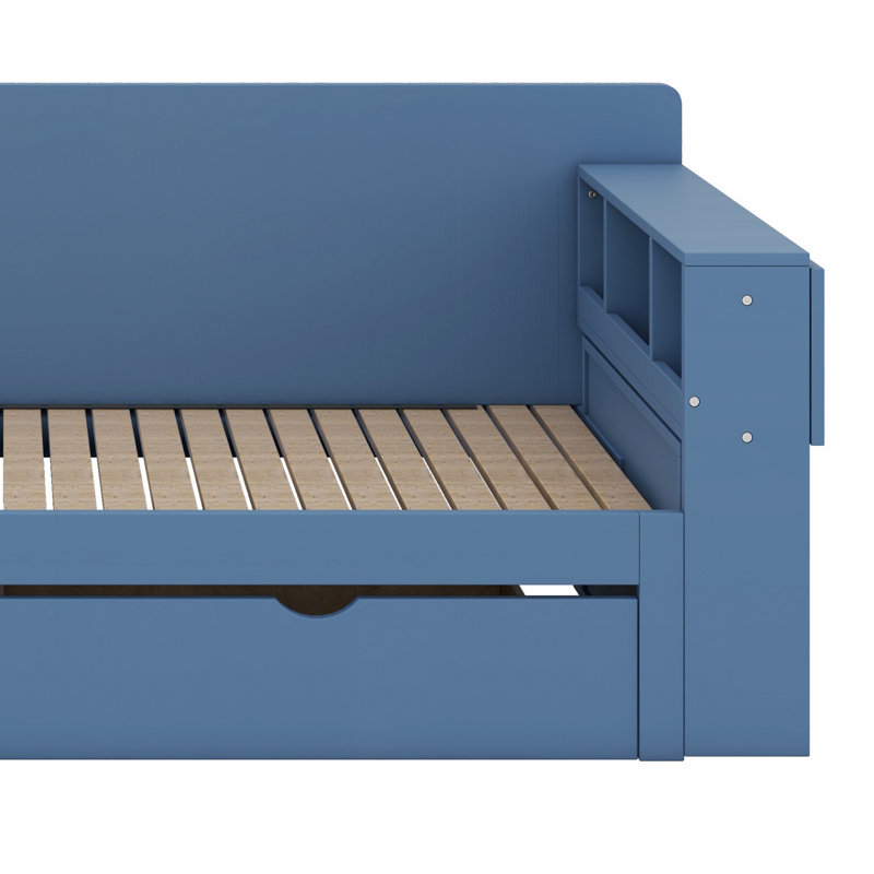 Lit de jour avec bureau amovible, tiroirs de rangement et table d'appoint hydraulique, Bleu, Grand lit