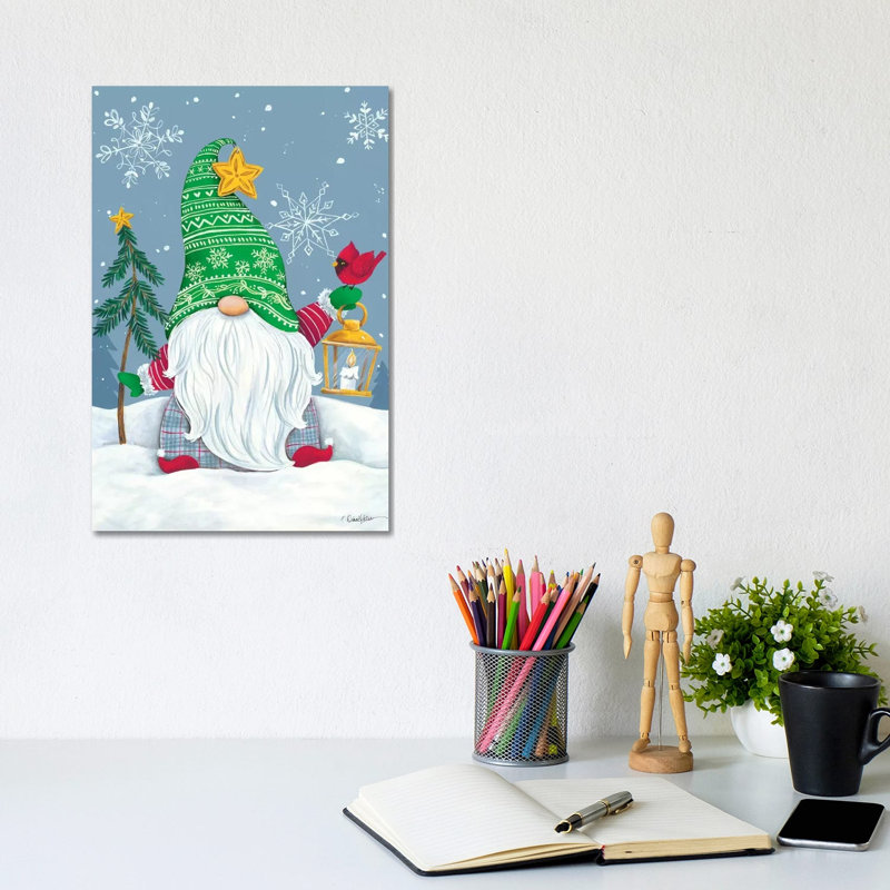 Snowy Gnome With Lantern by Diane Kater - Print on Canvas, 20.32 cm H x 30.48 cm W, Wrapped Canvas
