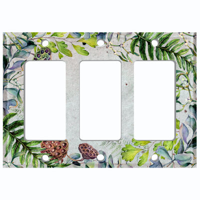 Metal Light Switch Plate Outlet Cover (Green Pine Leaves Flower Grey  - Triple Rocker)