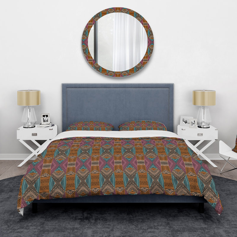 Ensemble de housse de couette bohémien bleu, orange, bleu et rose - polyester en microfibre