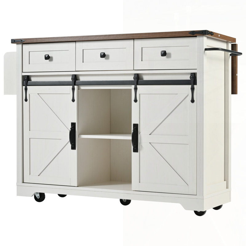 Farmhouse Kitchen Island With Power Outlet, Sliding Barn Doors, And Drop Leaf For Enhanced Storage And Functionality, White