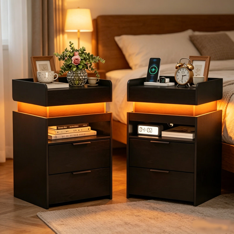 Table de chevet avec rangement, ensemble de 2, 45,7 cm (18 po) de largeur, lampe DEL et station de recharge, 2 tiroirs et une tablette ouverte, noire