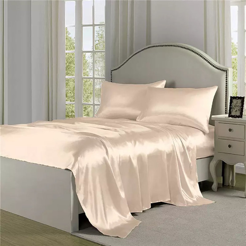 Ensemble de draps 4 pièces en satin doux et soyeux, Ensemble de draps pour grand lit avec 2 taies d'or, Ivoire