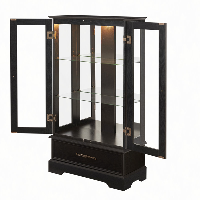 Lighted Glass Curio Cabinet With Adjustable Shelves - Elegant 2-Door Display Cabinet & Built-In Drawer, Includes Bulb