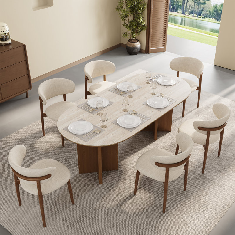 Ensemble de table de salle à manger 7 pièces, table ovale en pierre de travertin et 6 chaises en tissu