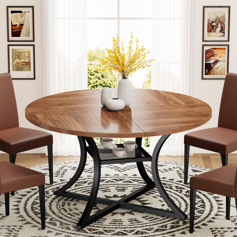 47.2" Round Dining Table With Storage Shelf, Wooden Tabletop And Metal Base For Dining Room And Kitchen