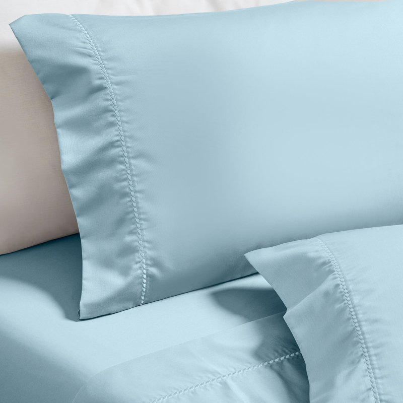 Ensemble de draps en coton mélangé à ourlet brodé 600 fils imperia, Bleu, Ensemble de draps pour lit double avec 2 taies d'o