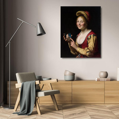 «Sourire, une courtisane, tenant une image obscène» par Gerard Van Honthorst - Art mural sur toile tendue avec châssis