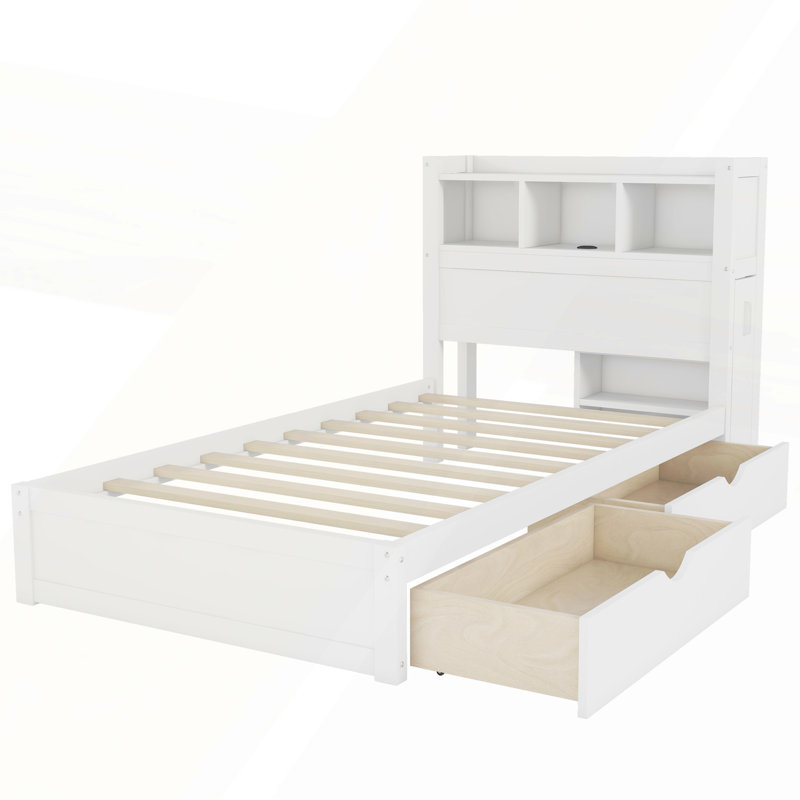 Lit simple avec tiroirs, tête de lit, lumière DEL et armoire coulissante, Lit simple, Blanc