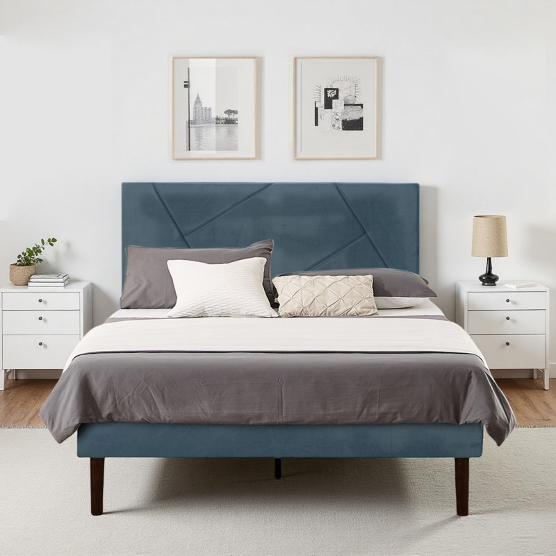 Structure de lit simple en velours avec tête de lit, lit plateforme tapissier avec lattes de bois sans bruit, aucun sommier requis