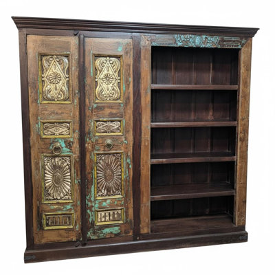 Farmhouse Style Vintage Carved Doors Repurposed 92" Wide Bookcase Armoire